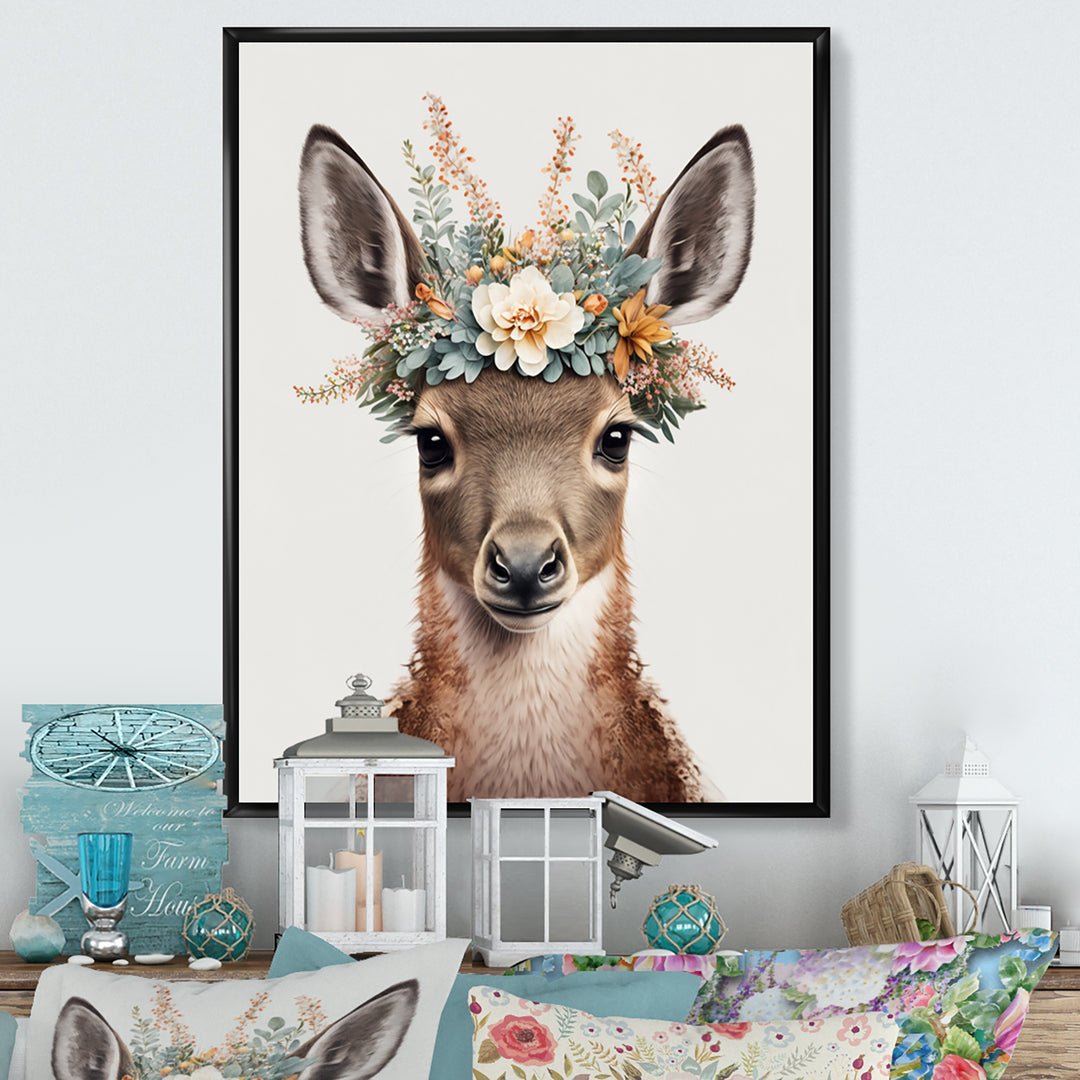 Cute Baby Kangaroo With Floral Crown - Kangaroo Canvas Wall Art