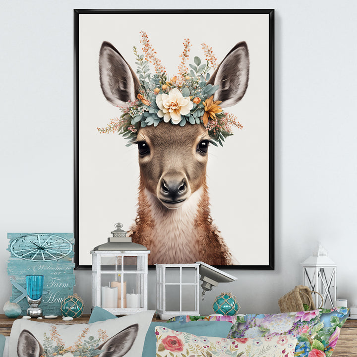 Cute Baby Kangaroo With Floral Crown - Kangaroo Canvas Wall Art