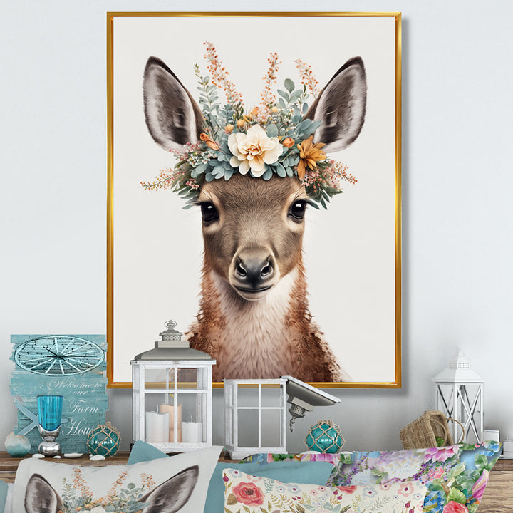 Cute Baby Kangaroo With Floral Crown - Kangaroo Canvas Wall Art