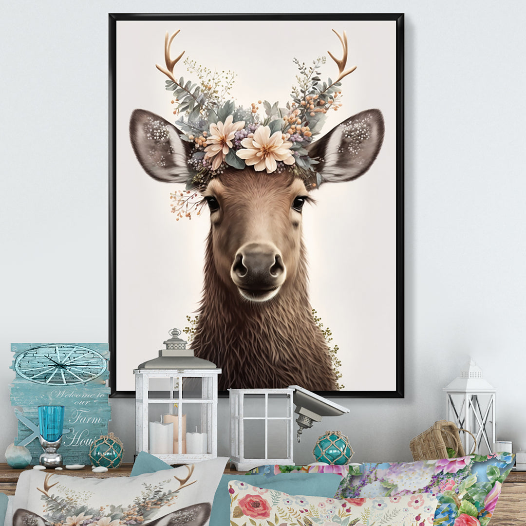 Cute Baby Moose With Floral Crown - Moose Landscape Mountains Wall Decor