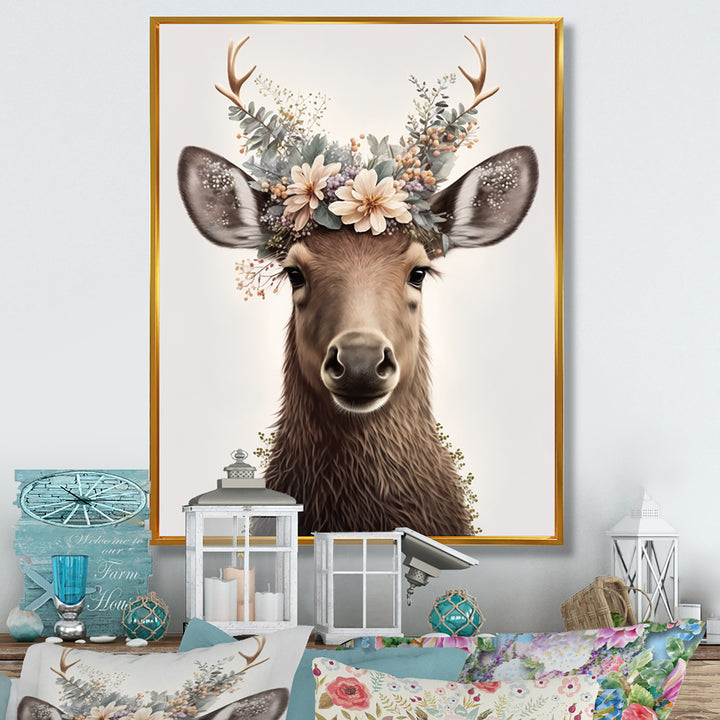 Cute Baby Moose With Floral Crown - Moose Landscape Mountains Wall Decor