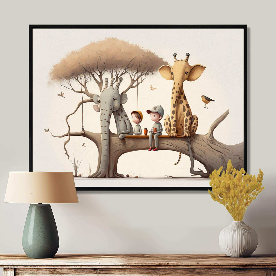 Giraffe And Elephant With Kids - Animals Canvas Wall Art