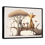 Giraffe And Elephant With Kids - Animals Canvas Wall Art