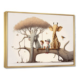 Giraffe And Elephant With Kids - Animals Canvas Wall Art