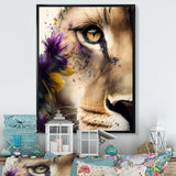 Half Lion Portrait With Flowers - Lion Wall Art Prints