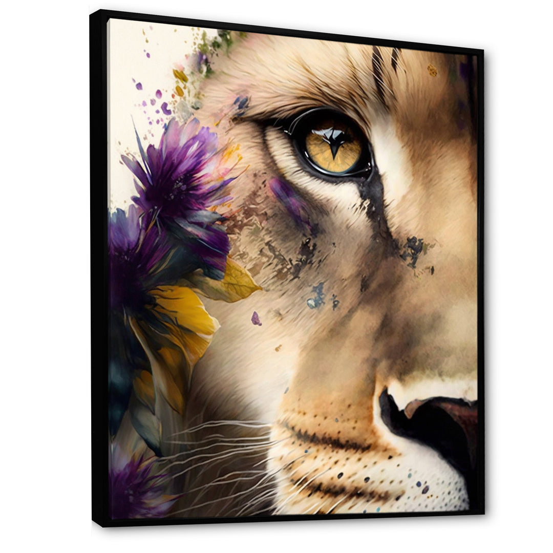 Half Lion Portrait With Flowers - Lion Wall Art Prints