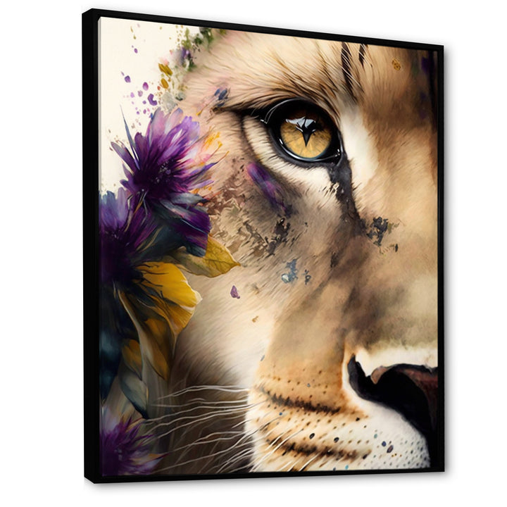 Half Lion Portrait With Flowers - Lion Wall Art Prints