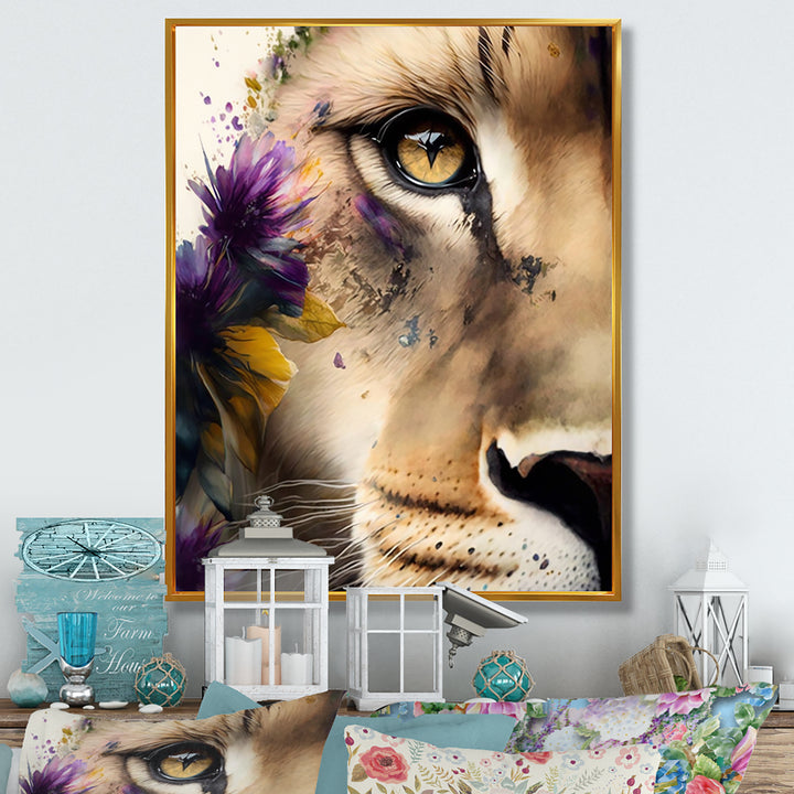 Half Lion Portrait With Flowers - Lion Wall Art Prints