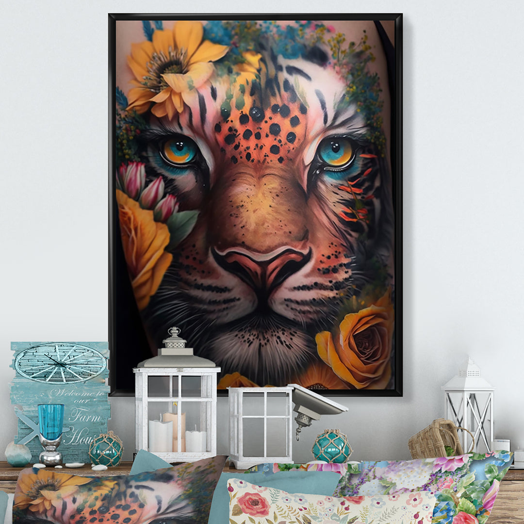 Tiger Tattoo With Flowers - Tiger Large Canvas Wall Art
