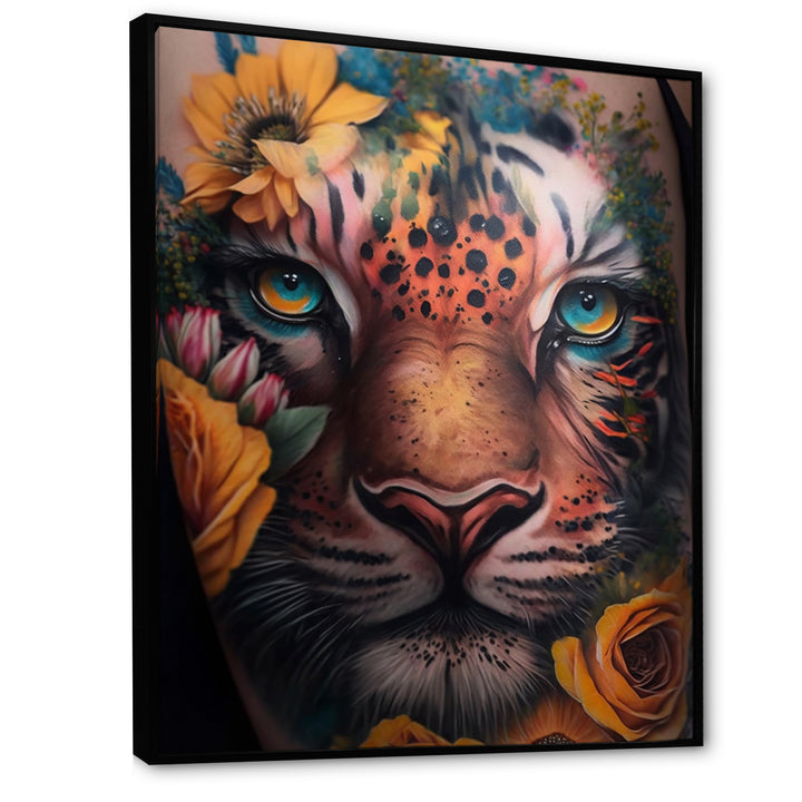 Tiger Tattoo With Flowers - Tiger Large Canvas Wall Art