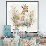 Giraffe In Crib With Flowers - Giraffe Canvas Wall Art