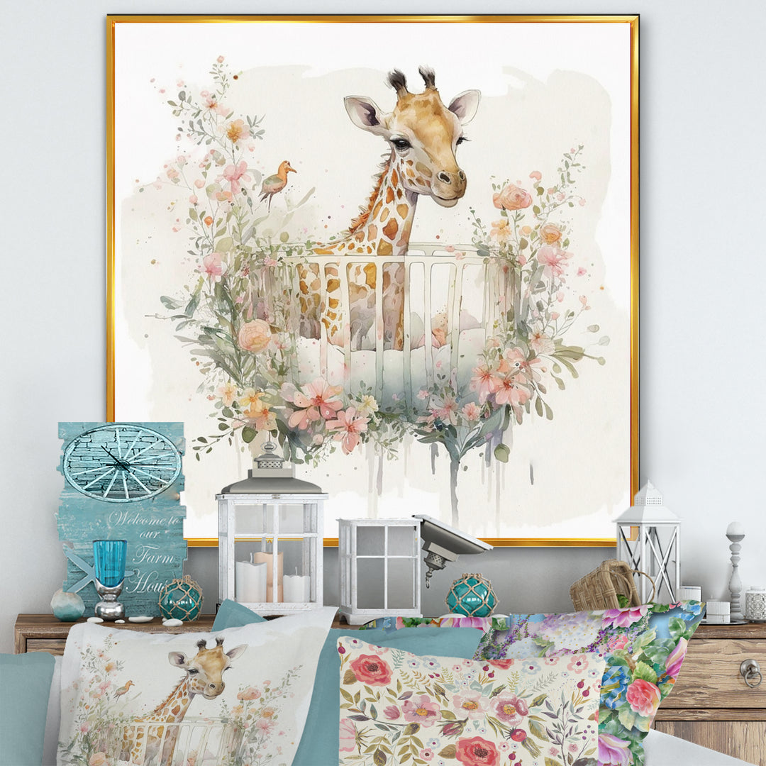Giraffe In Crib With Flowers - Giraffe Canvas Wall Art