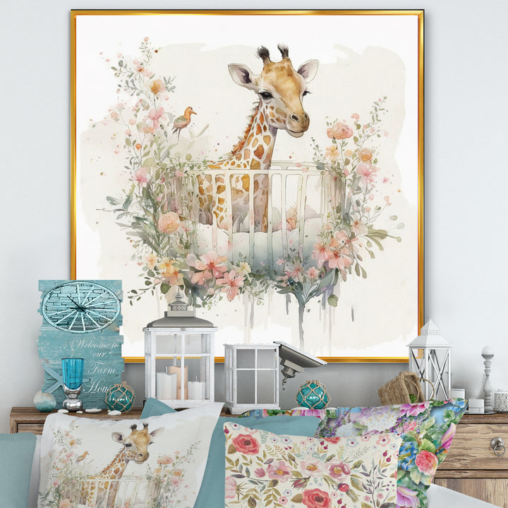 Giraffe In Crib With Flowers - Giraffe Canvas Wall Art