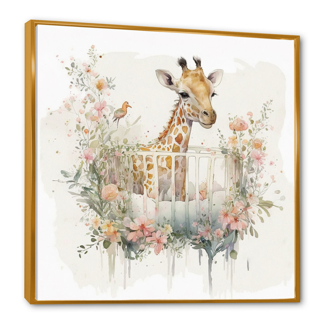 Giraffe In Crib With Flowers - Giraffe Canvas Wall Art