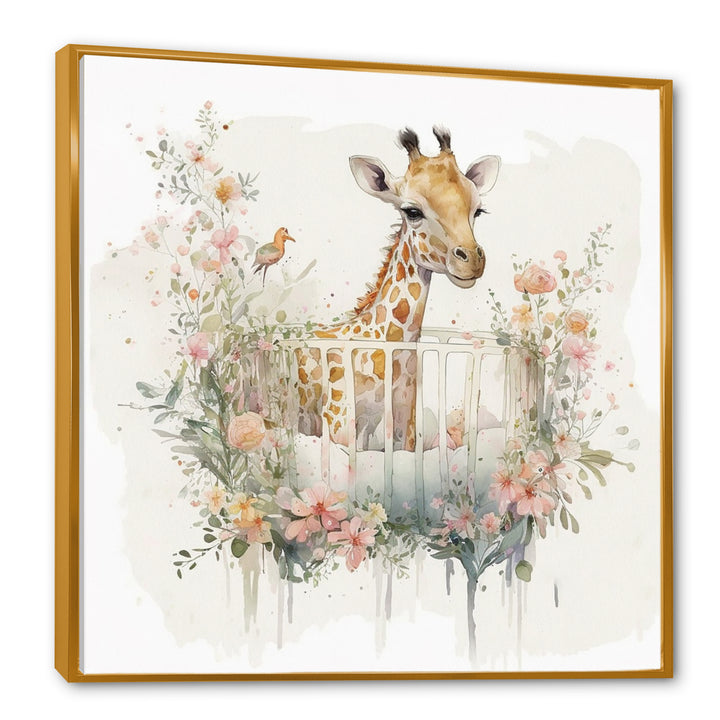Giraffe In Crib With Flowers - Giraffe Canvas Wall Art