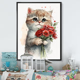 Cat Love Holding Flowers - Brown Cat Wall Art