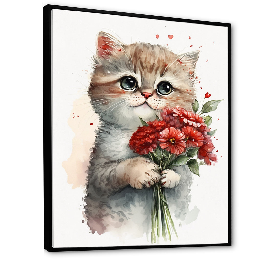 Cat Love Holding Flowers - Brown Cat Wall Art