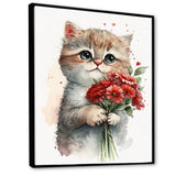 Cat Love Holding Flowers - Brown Cat Wall Art