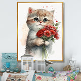 Cat Love Holding Flowers - Brown Cat Wall Art