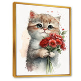 Cat Love Holding Flowers - Brown Cat Wall Art