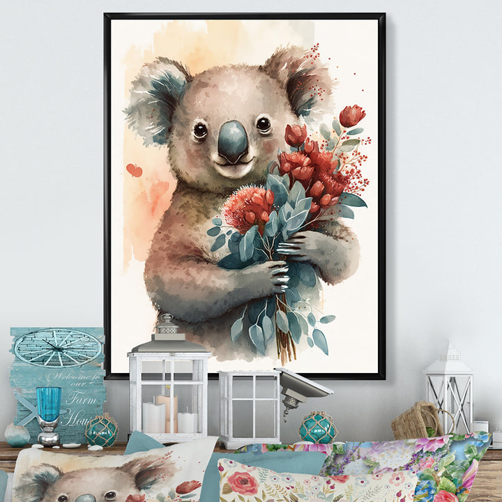 Koala Bear Love Holding Flowers - Koala Framed Canvas Art