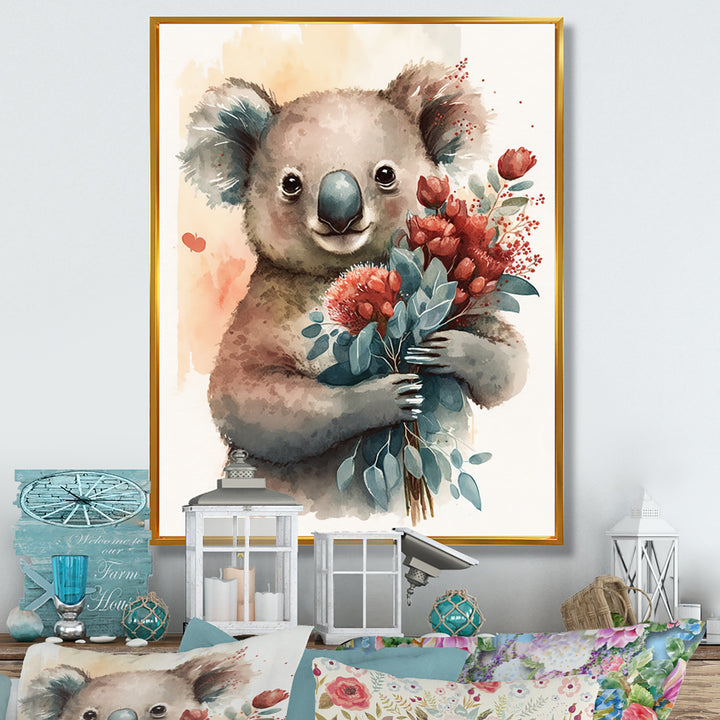 Koala Bear Love Holding Flowers - Koala Framed Canvas Art