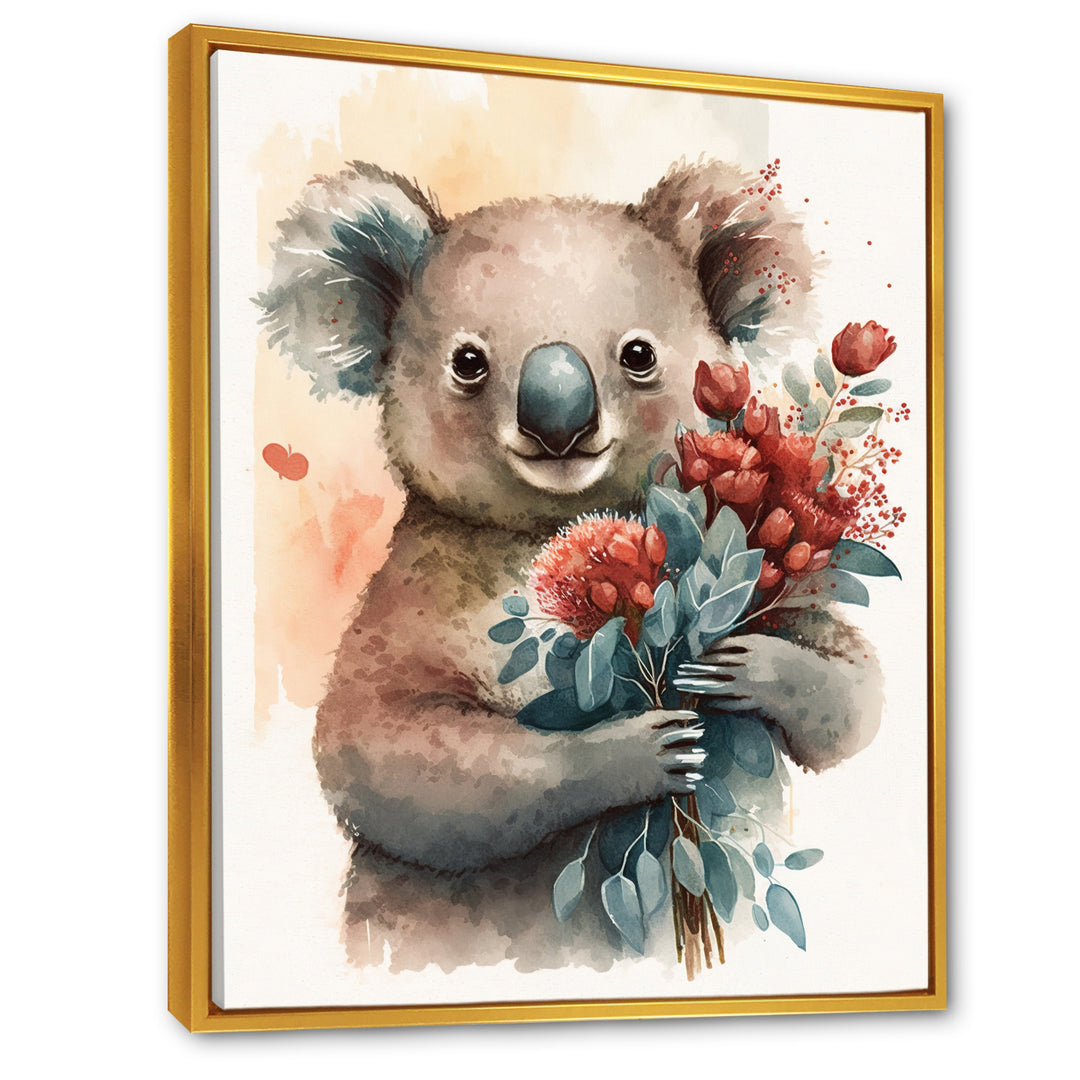 Koala Bear Love Holding Flowers - Koala Framed Canvas Art