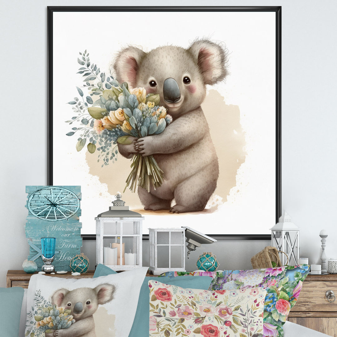 Koala Bear Holding Flowers - Koala Large Canvas Wall Art