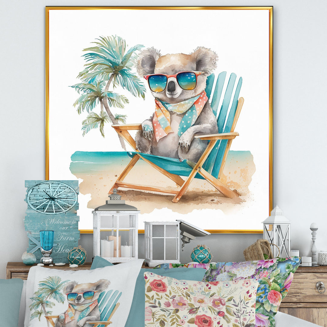 Koala With Sunglasses On The Beach - Gray Koala Wall Art