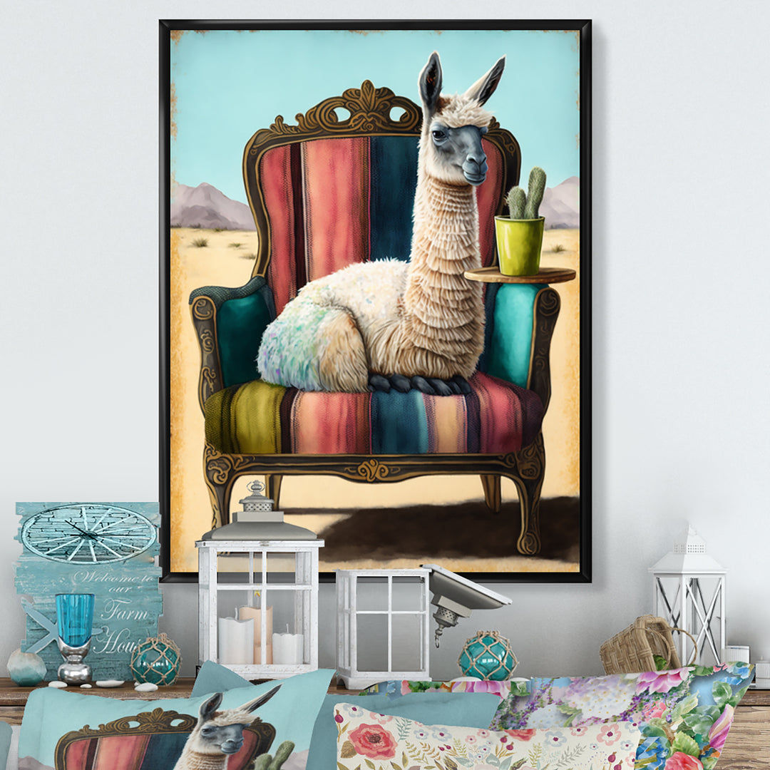 Llama Sitting On Lounge Chair In The Dessert - Llama Framed Canvas Art