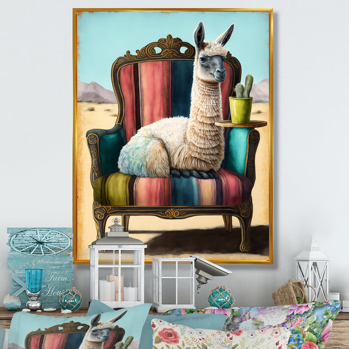 Llama Sitting On Lounge Chair In The Dessert - Llama Framed Canvas Art