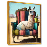 Llama Sitting On Lounge Chair In The Dessert - Llama Framed Canvas Art