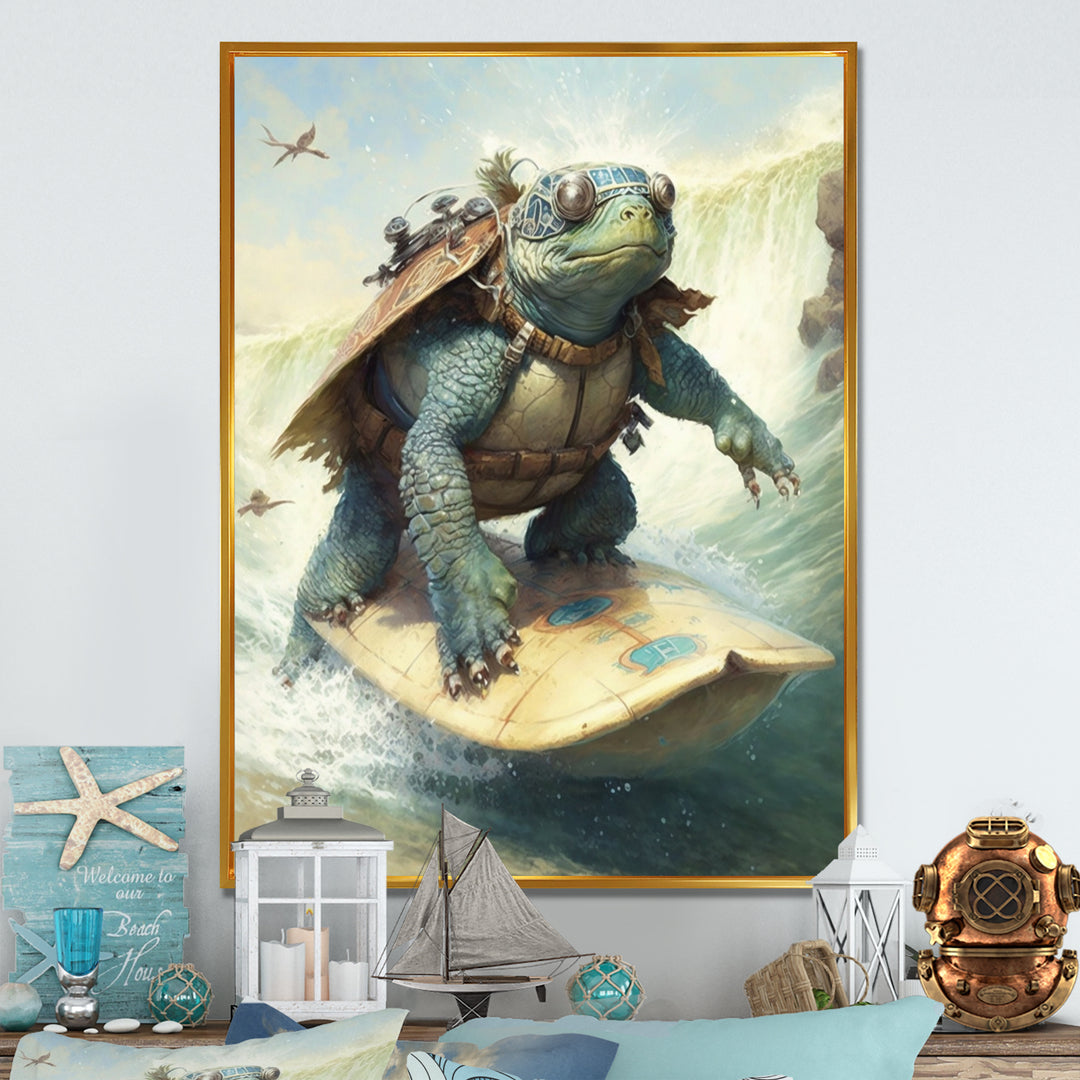 Turtle Surfing With Goggles - Green Turtle Wall Art