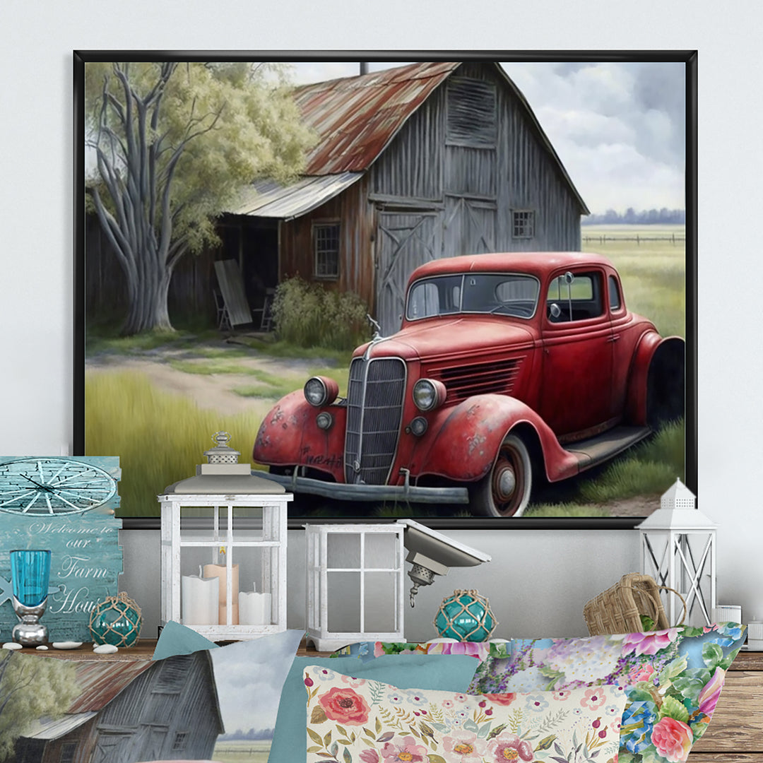 Red Car By Barn - Car Old American Canvas Wall Art