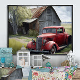 Red Car By Barn - Car Old American Canvas Wall Art