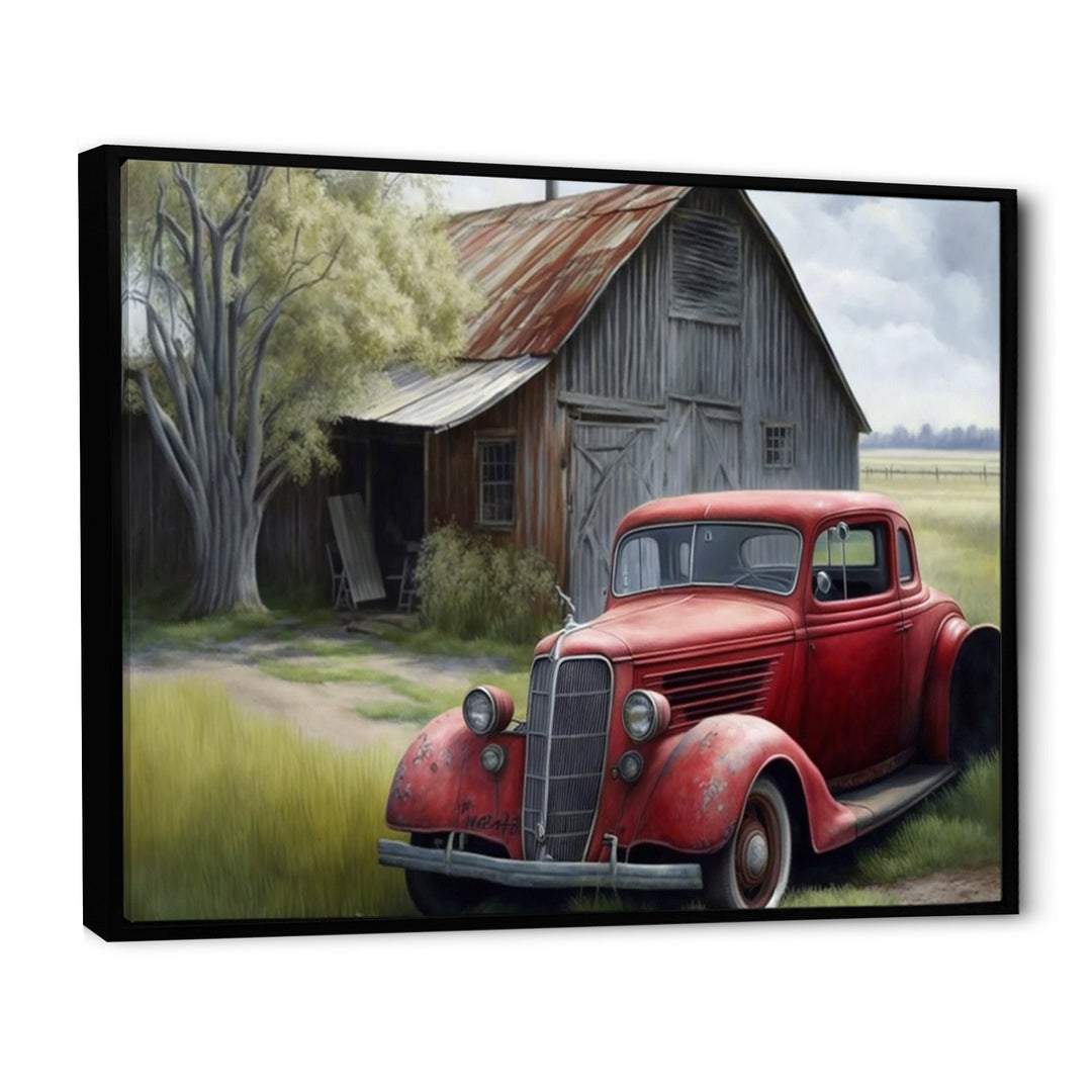 Red Car By Barn - Car Old American Canvas Wall Art