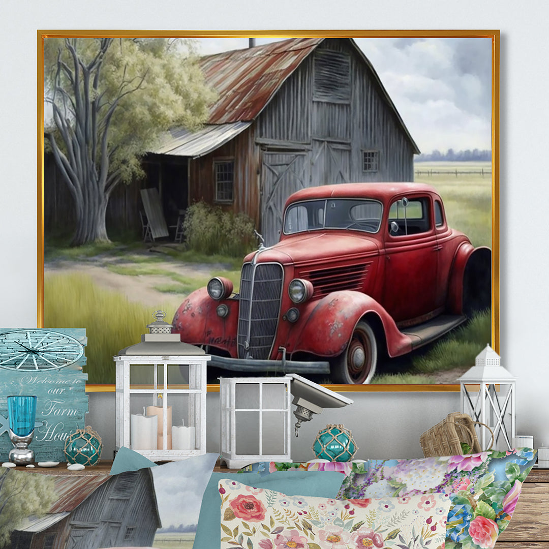 Red Car By Barn - Car Old American Canvas Wall Art