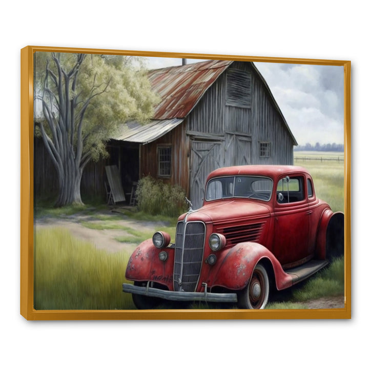 Red Car By Barn - Car Old American Canvas Wall Art