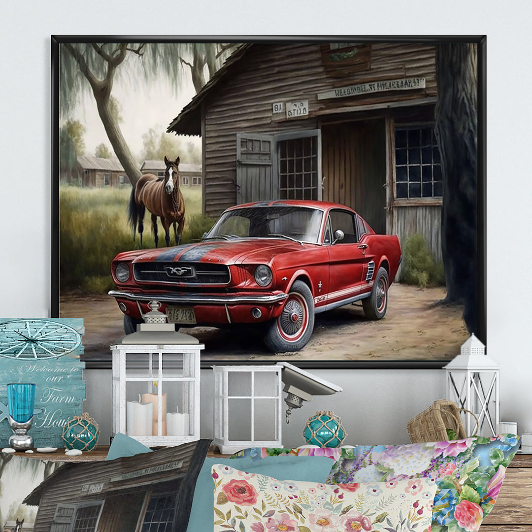 Red Muscle Car On A Ranch - Cars American Muscle Canvas Wall Art