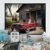 Red Muscle Car On A Ranch - Cars American Muscle Canvas Wall Art