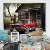 Red Muscle Car On A Ranch - Cars American Muscle Canvas Wall Art