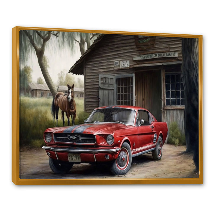 Red Muscle Car On A Ranch - Cars American Muscle Canvas Wall Art