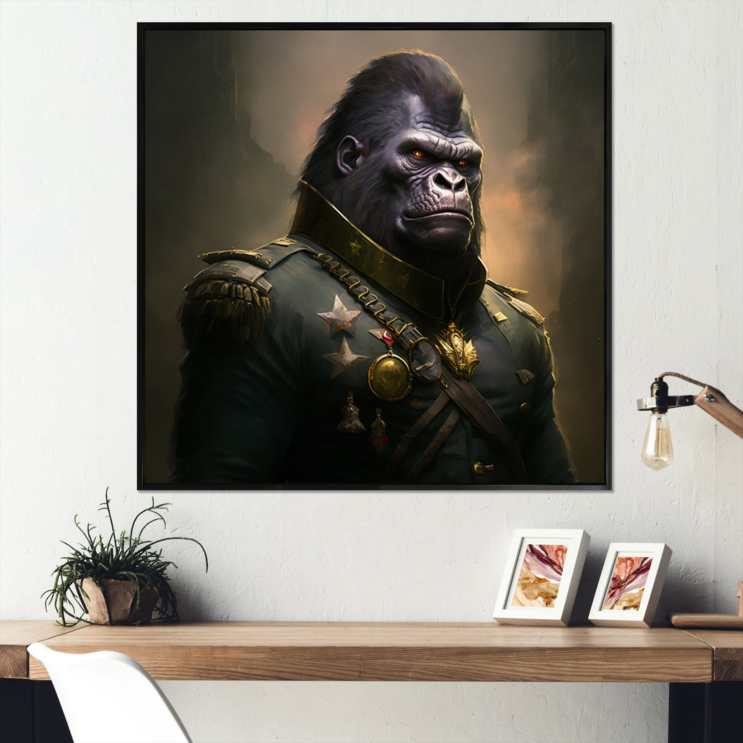 Gorilla In Military Uniform Portrait - Gorilla Canvas Wall Art