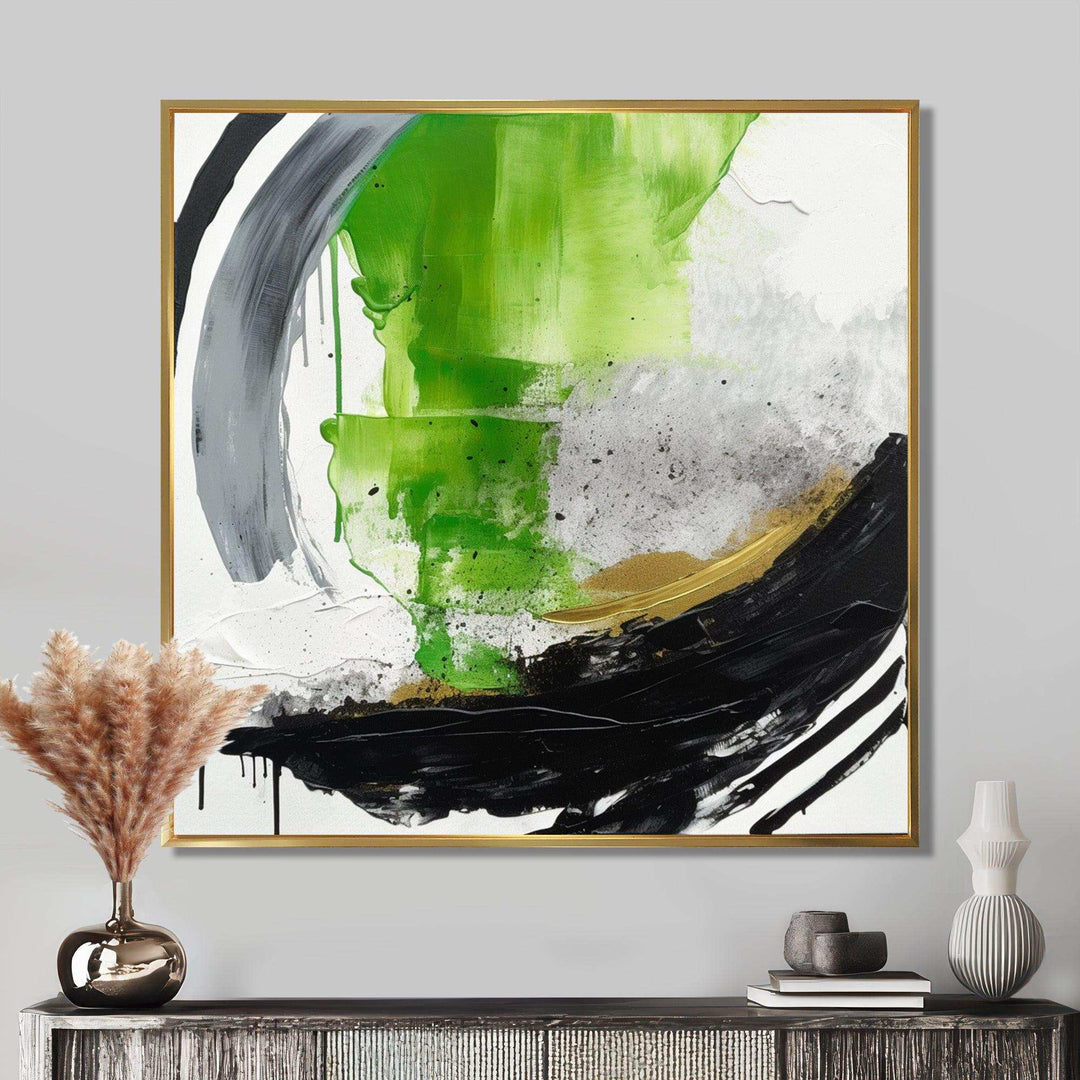 Green And Black Geometric Enchantment I - Abstract Canvas Wall Art