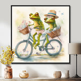 Green Frogs Riding A Bike - Frog Large Canvas Wall Art