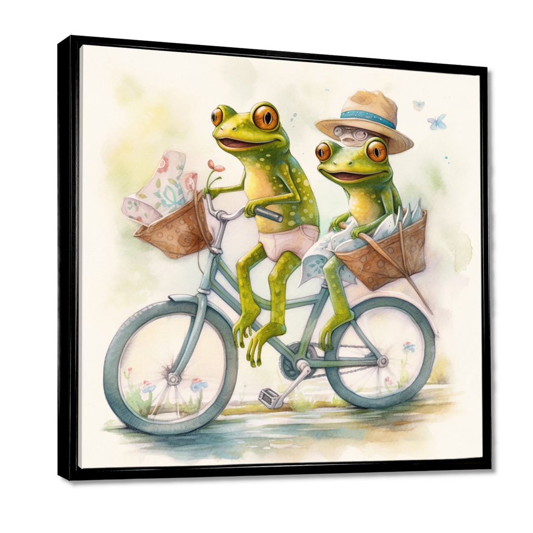 Green Frogs Riding A Bike - Frog Large Canvas Wall Art