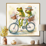 Green Frogs Riding A Bike - Frog Large Canvas Wall Art