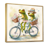 Green Frogs Riding A Bike - Frog Large Canvas Wall Art