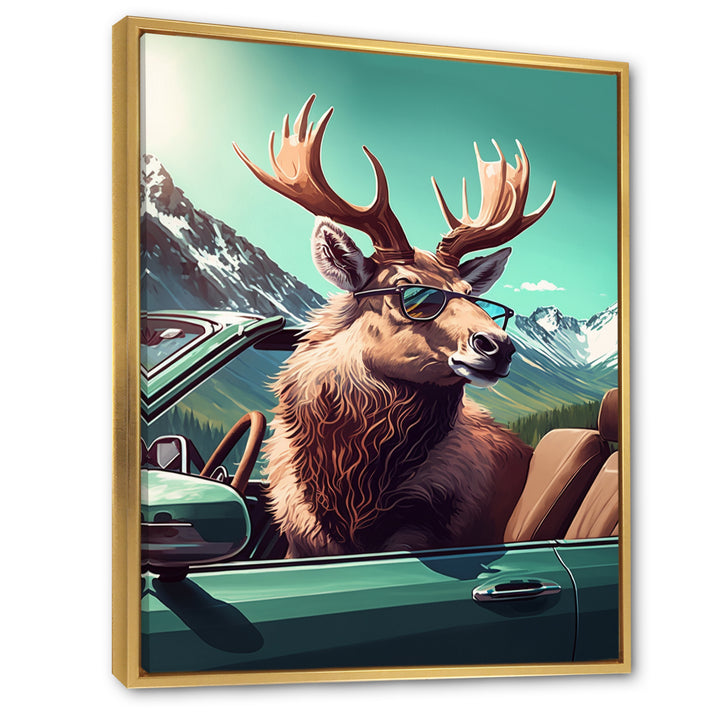 Brown Elk Wearing Sunglasses In Sportscar - Deer Bedroom Wall Art