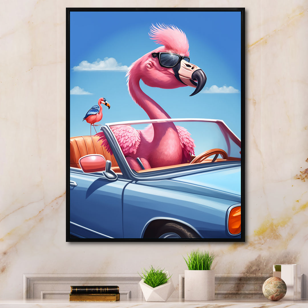 Pink Flamingo Wearing Sunglasses In Sportscar - Flamingo Canvas Wall Art